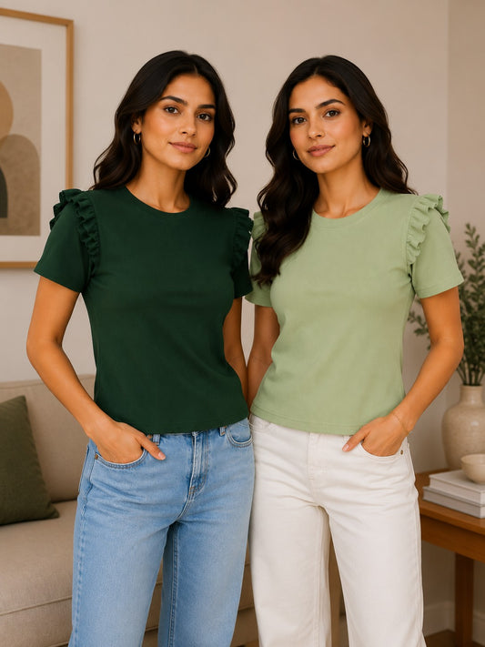 Bottle Green & Pista Green Cotton Crop Top Combo