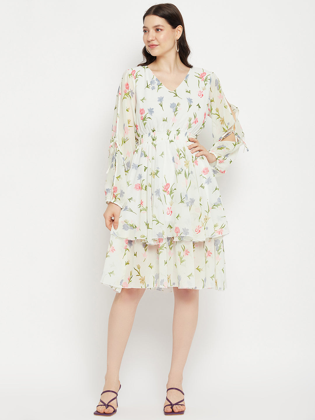 V Neck Floral Print Slit Sleeve Layered Georgette Fit & Flare Dress