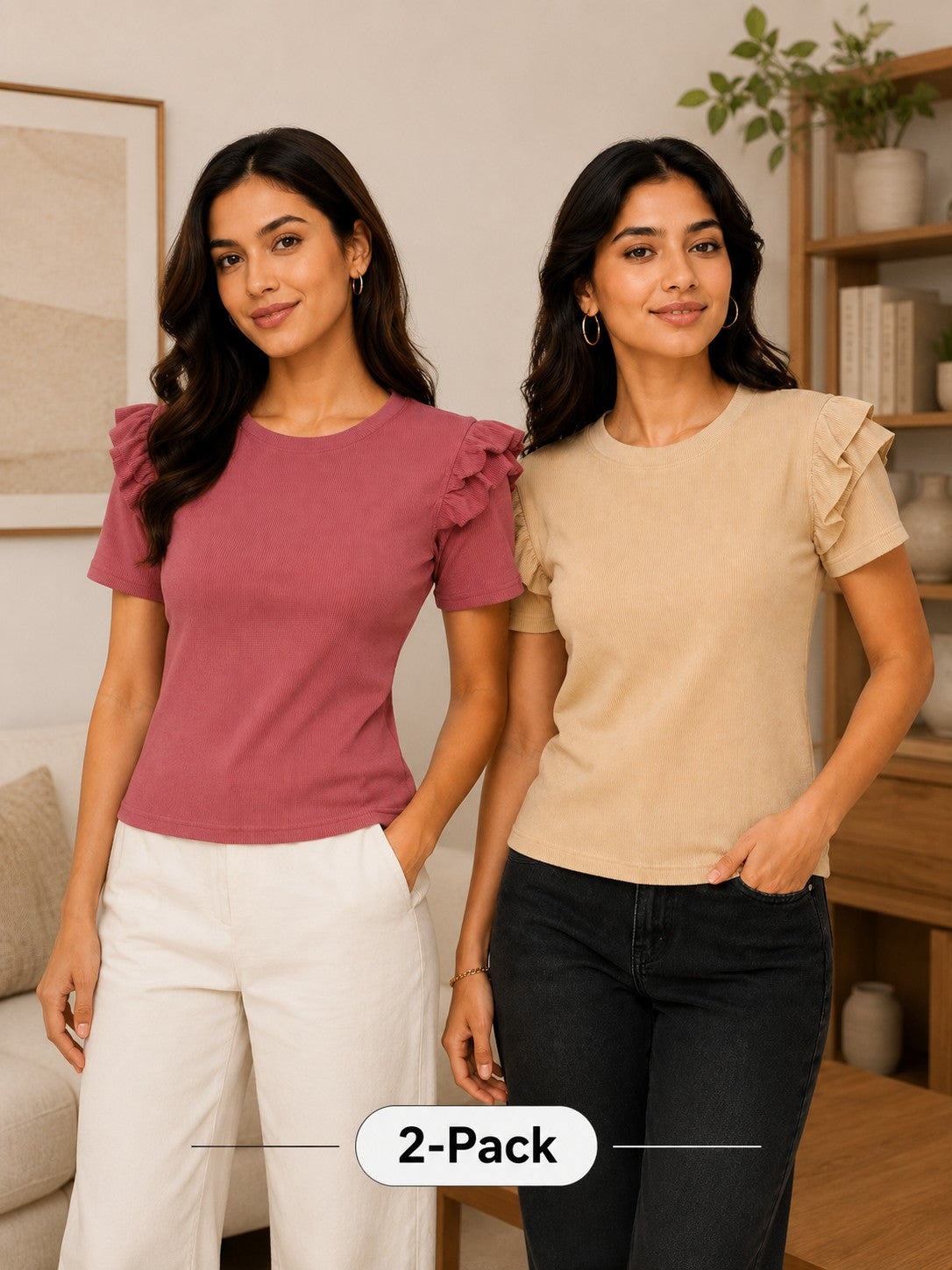 Rose Pink & Beige Cotton Crop Top Combo