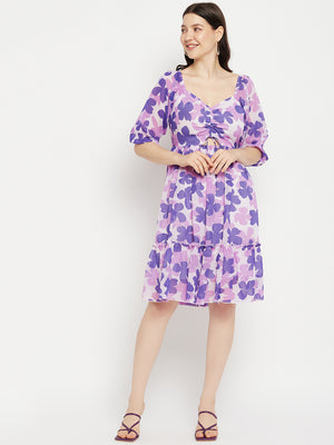 Floral Printed Tie-Ups Detail Georgette Fit & Flare Dress