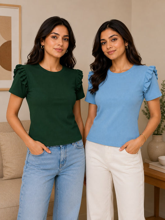Bottle Green & Sky Blue Cotton Crop Top Combo