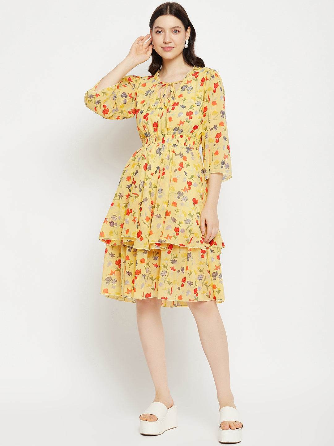 Floral Printed Tie-Up Neck Layered Fit & Flare Dress