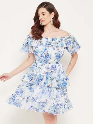 White & Blue Floral Off-Shoulder Georgette Dress