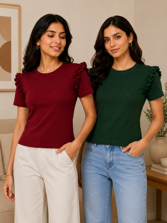 Maroon & Bottle Green Cotton Crop Top Combo