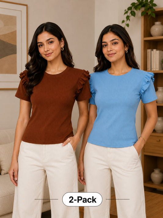 Brown & Sky Blue Cotton Crop Top Combo