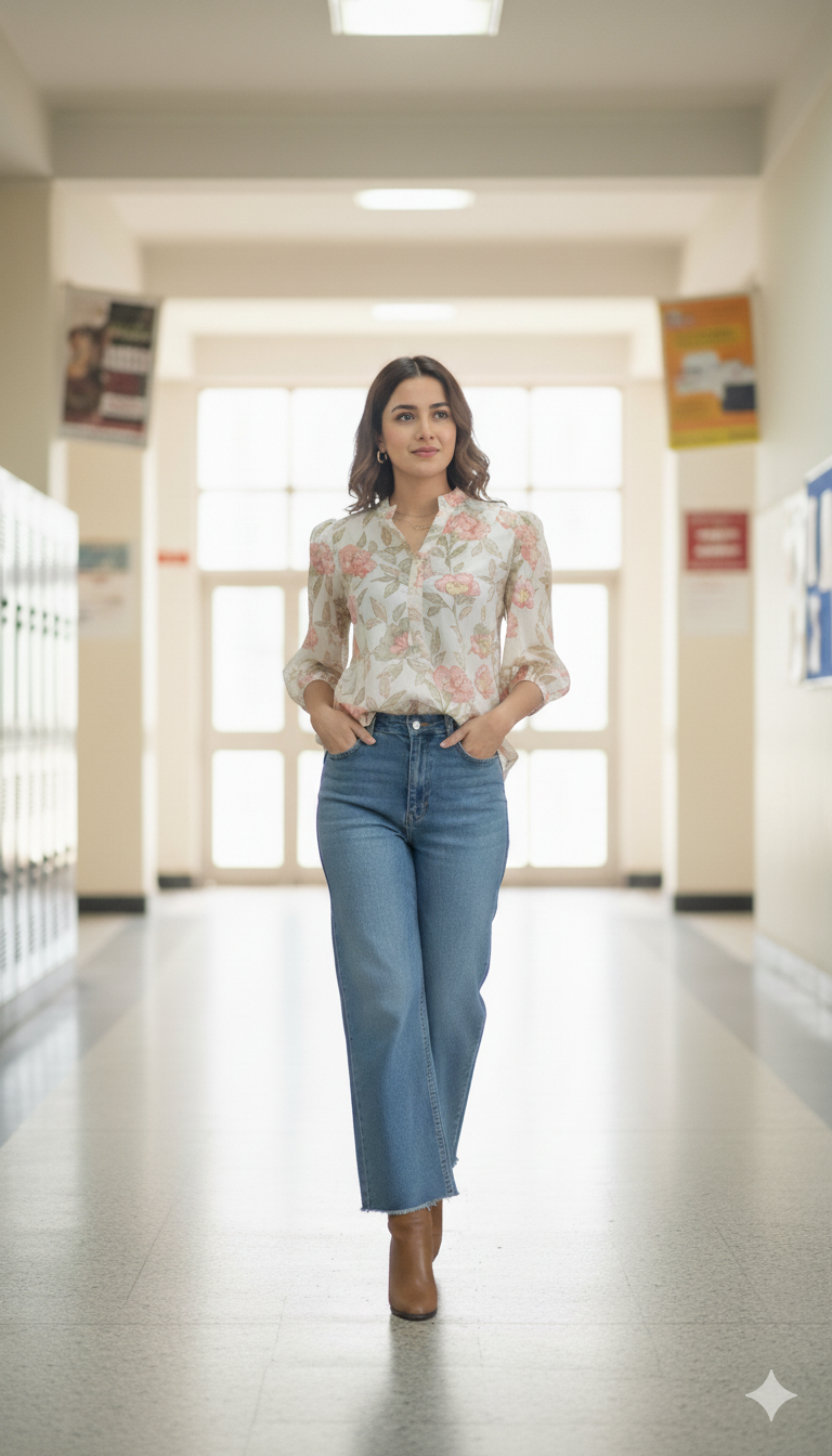 Women Floral Printed Mandarin Collar Puff Sleeve Top