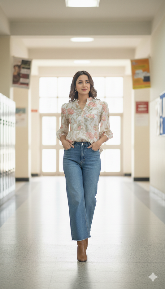 Women Floral Printed Mandarin Collar Puff Sleeve Top