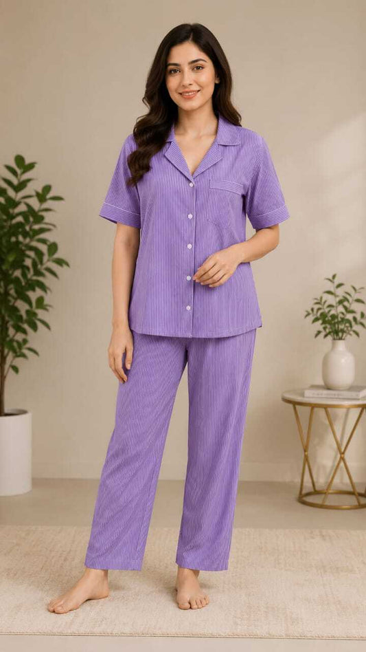 Women Purple Striped Cotton Night Suit Set