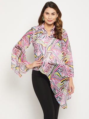 Printed Shirt Collar Long Sleeves Tunic