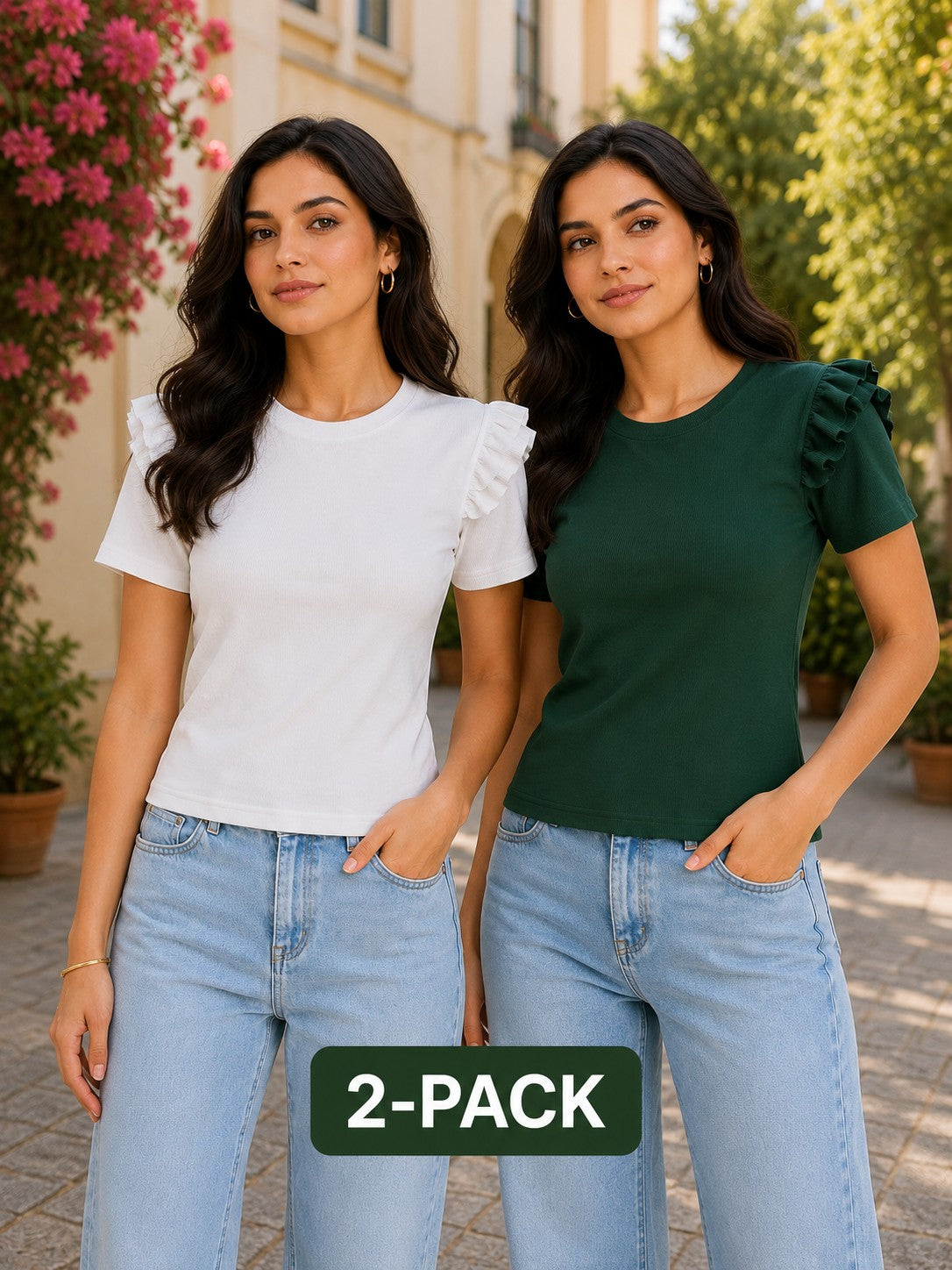 White & Bottle Green Cotton Crop Top Combo