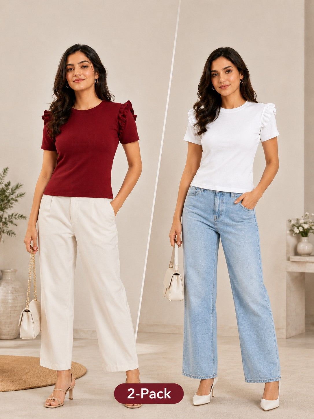 White & Maroon Cotton Crop Top Combo