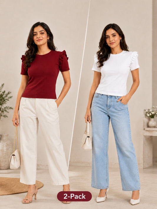 White & Maroon Cotton Crop Top Combo