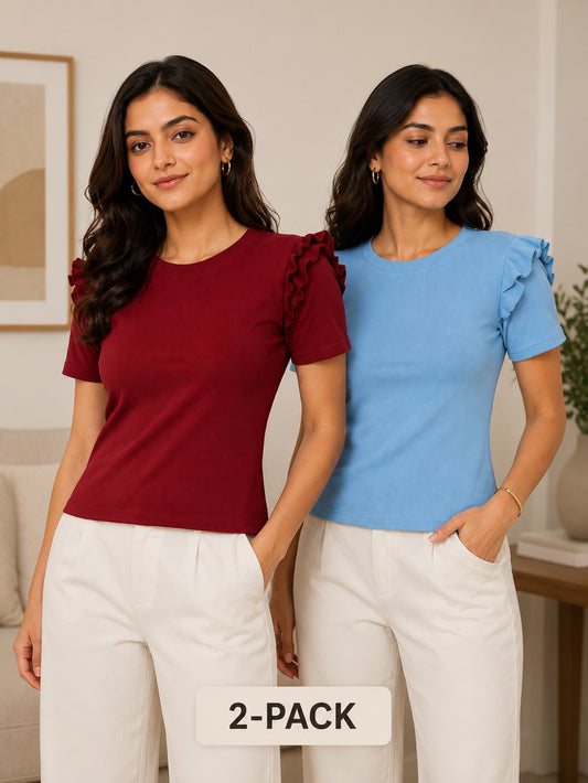 Maroon & Sky Blue Cotton Crop Top Combo