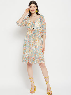 Floral Printed Puff Sleeves Cut-Out Detailed Ruched Fit & Flare Dress