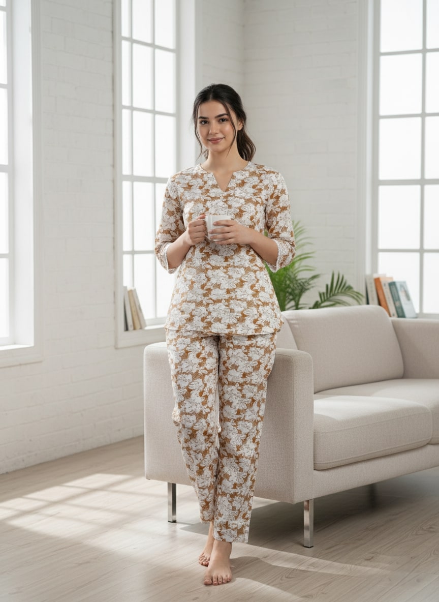 Women Floral Printed Cotton Night Suit Set