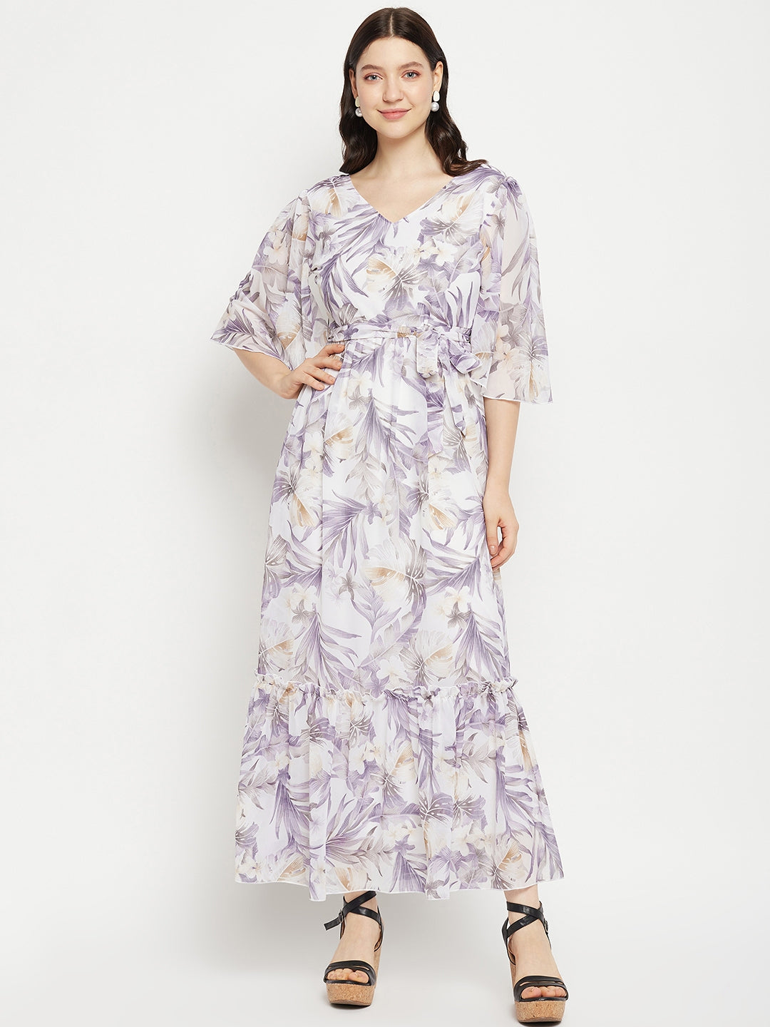 Floral Printed V-Neck Flared Sleeves Tie-Up Detailed Fit & Flare Maxi Dress