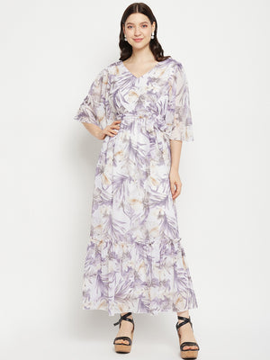 Floral Printed V-Neck Flared Sleeves Tie-Up Detailed Fit & Flare Maxi Dress