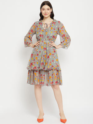 Floral Printed Tie-Up Neck Layered Fit & Flare Dress