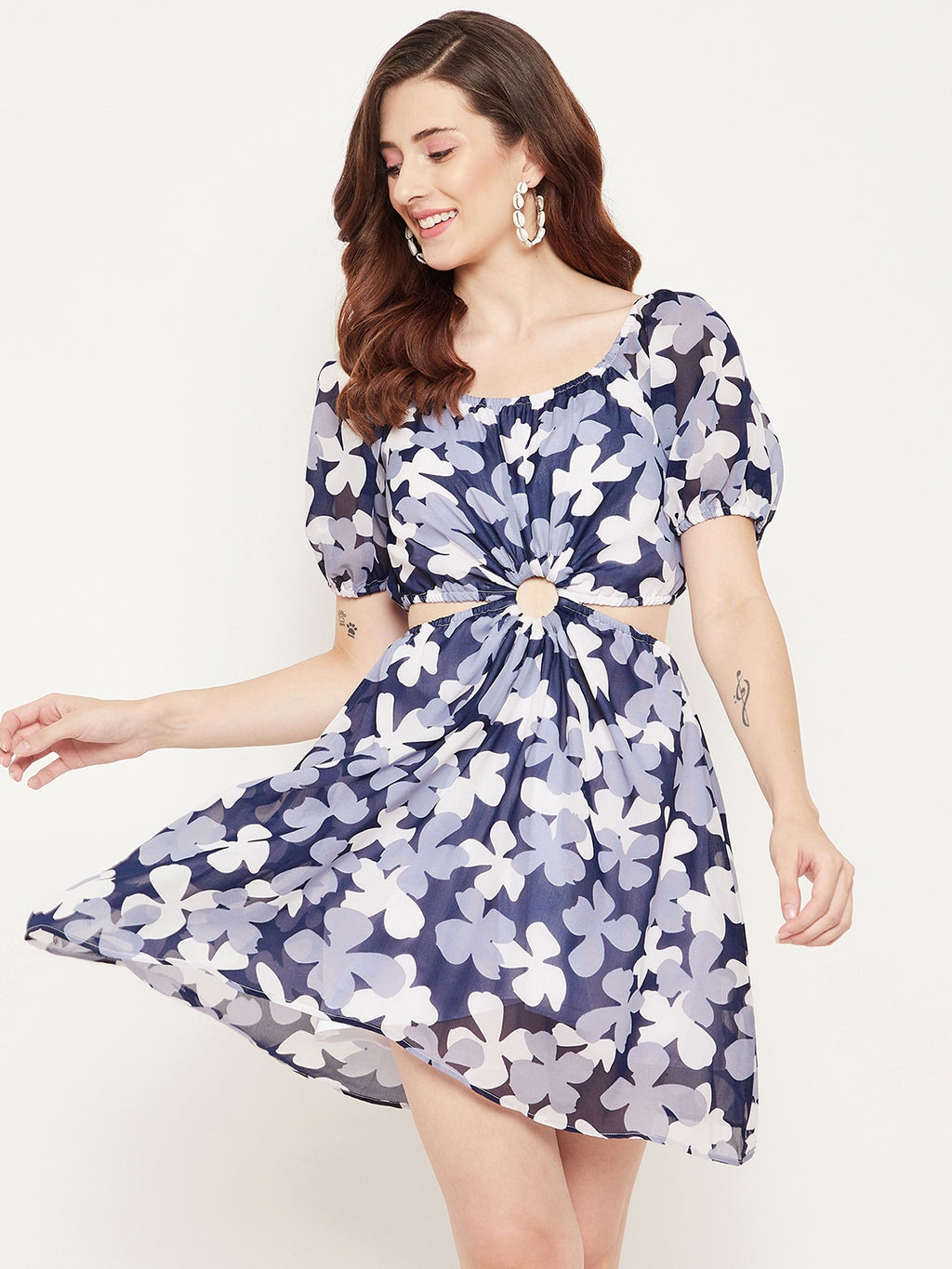 Blue Floral Off-Shoulder Georgette Dress