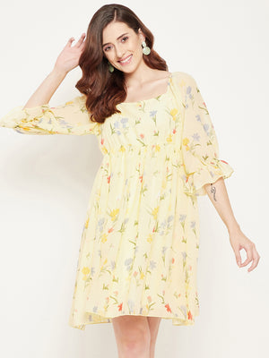 Mustard Floral Printed Dress - ALOFI - Women Designer Dresses