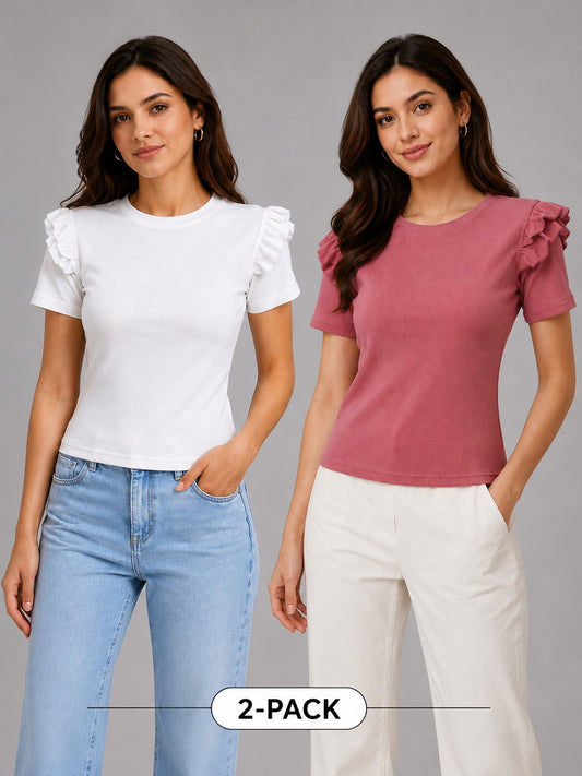 White & Rose Pink Cotton Crop Top Combo