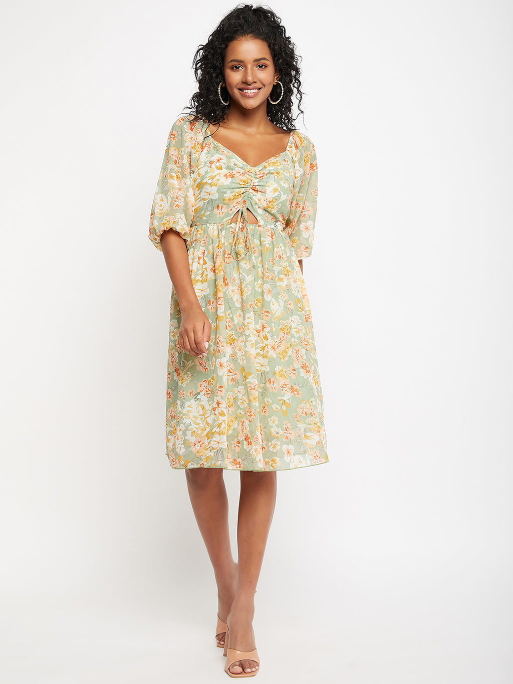 Floral Printed Tie-Ups Detail Georgette Fit & Flare Dress