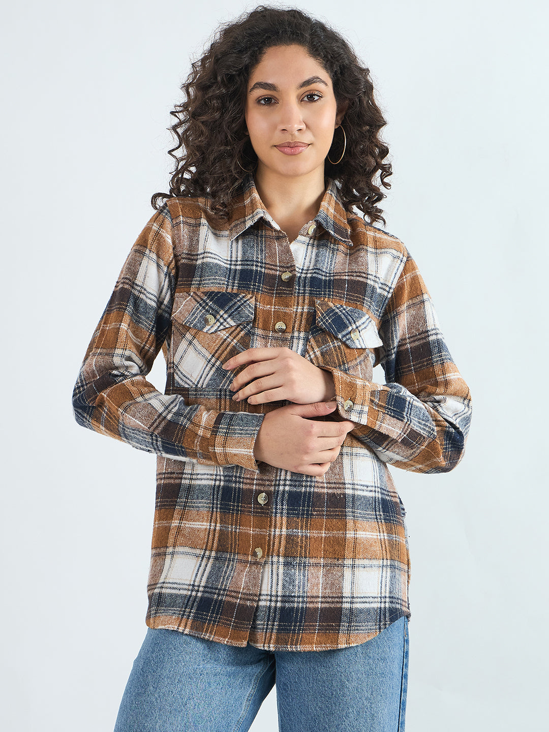 Blue Checked Casual Cotton Shirtshirts for women