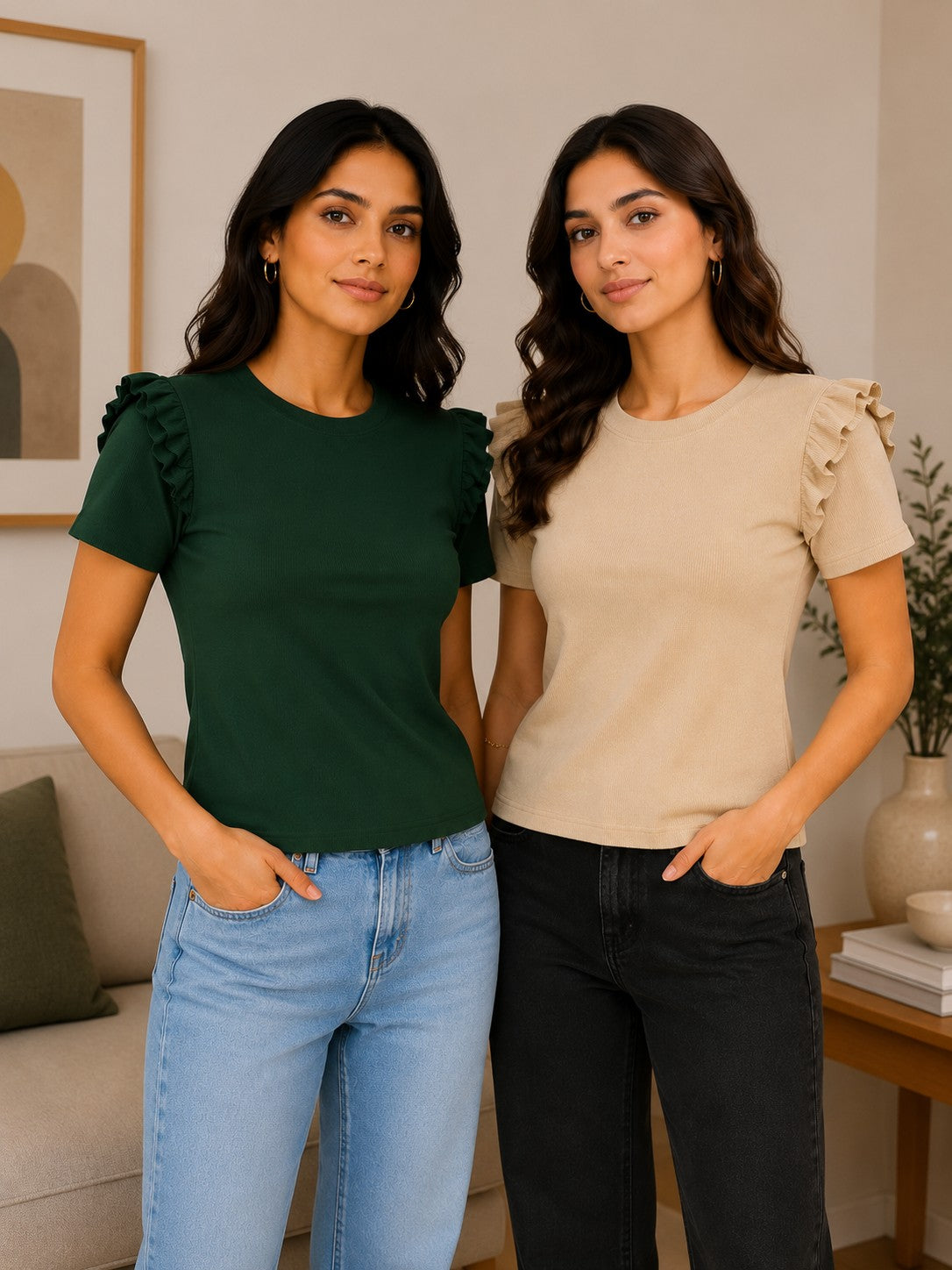 Bottle Green & Beige Cotton Crop Top Combo