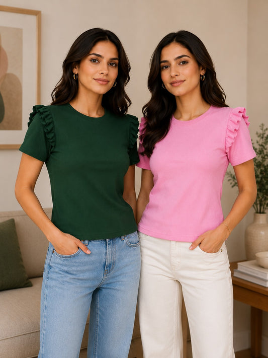 Bottle Green & Baby Pink Cotton Crop Top Combo
