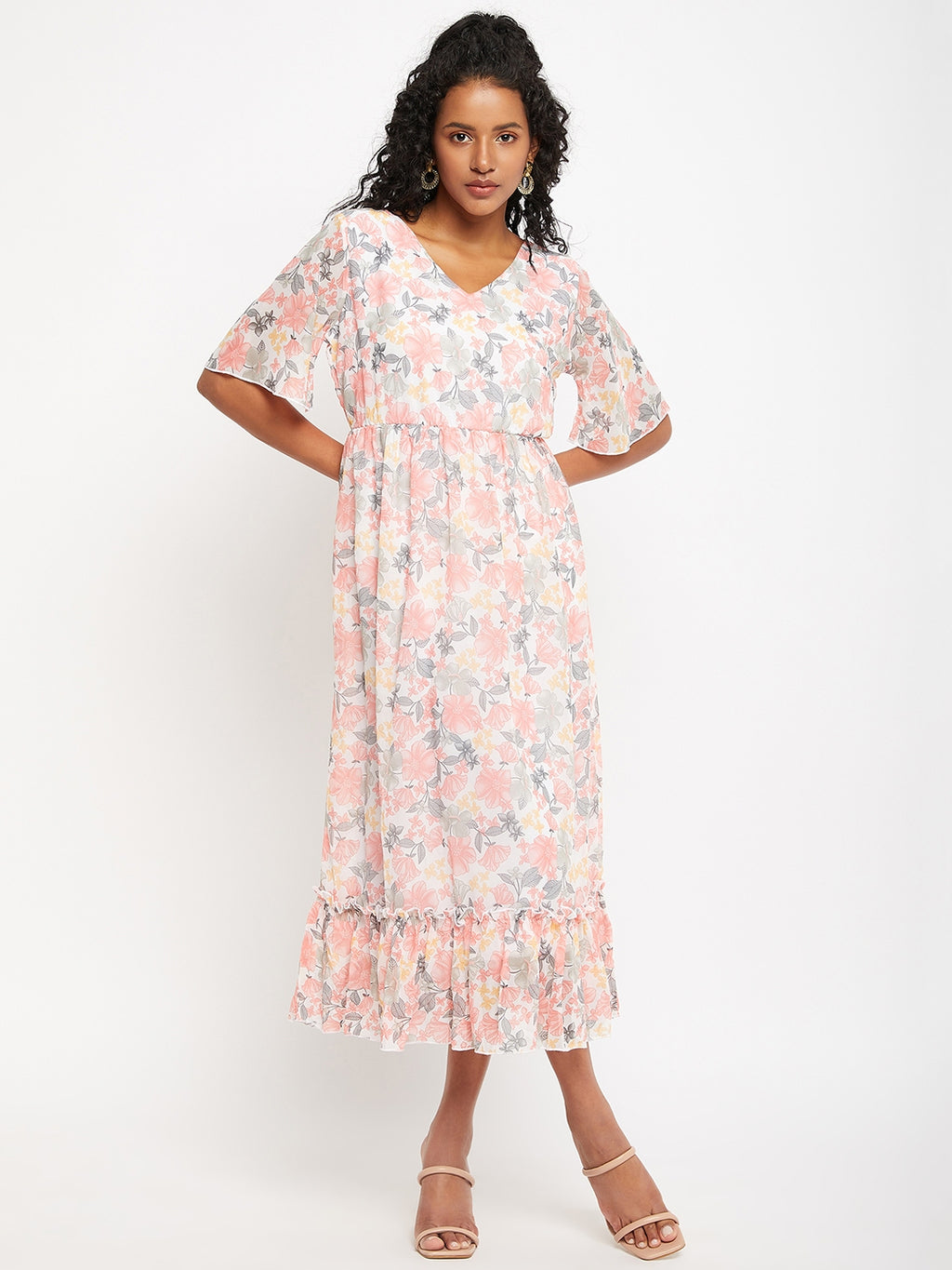 Floral Printed V-Neck Flared Sleeves Flounce Fit & Flare Midi Dress