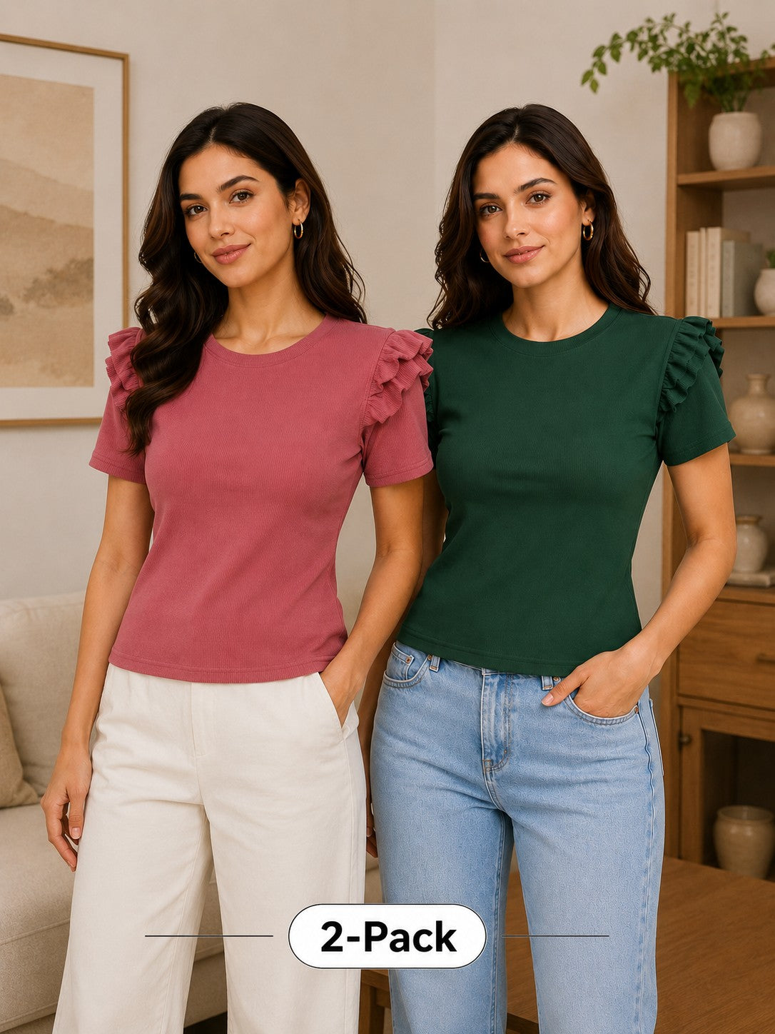 Rose Pink & Bottle Green Cotton Crop Top Combo