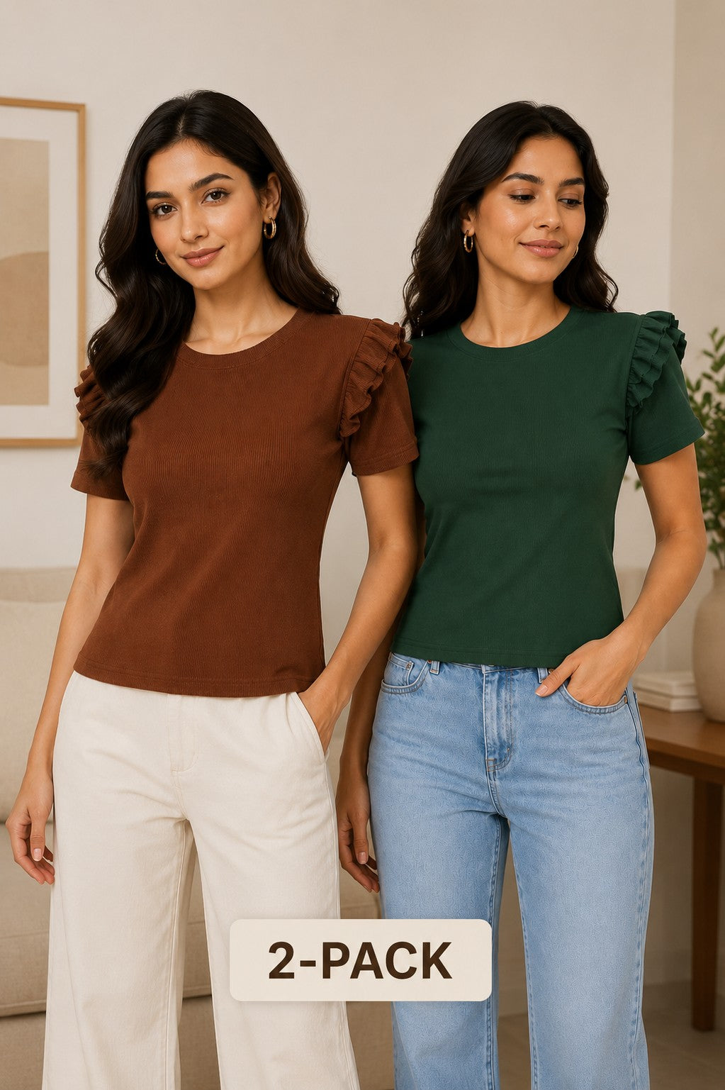 Brown & Bottle Green Cotton Crop Top Combo