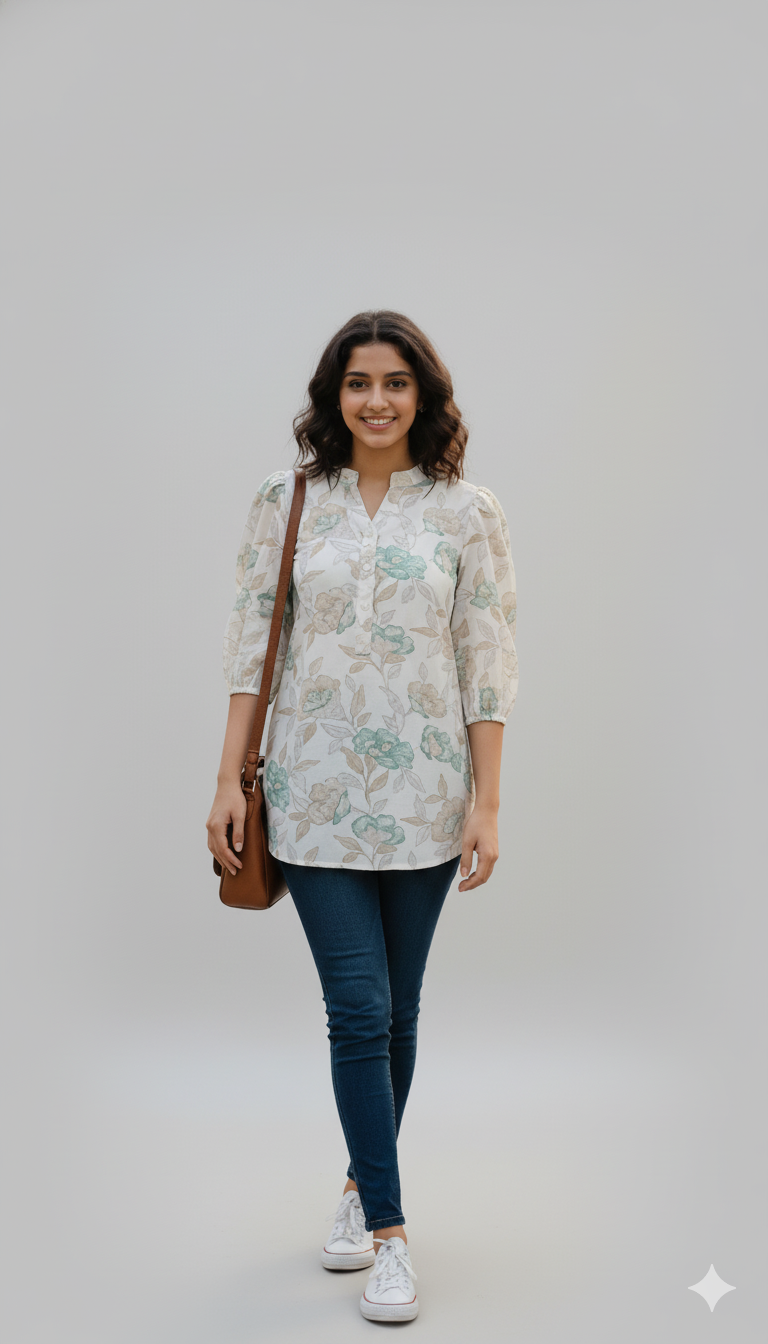 Women Floral Printed Mandarin Collar Puff Sleeve Top