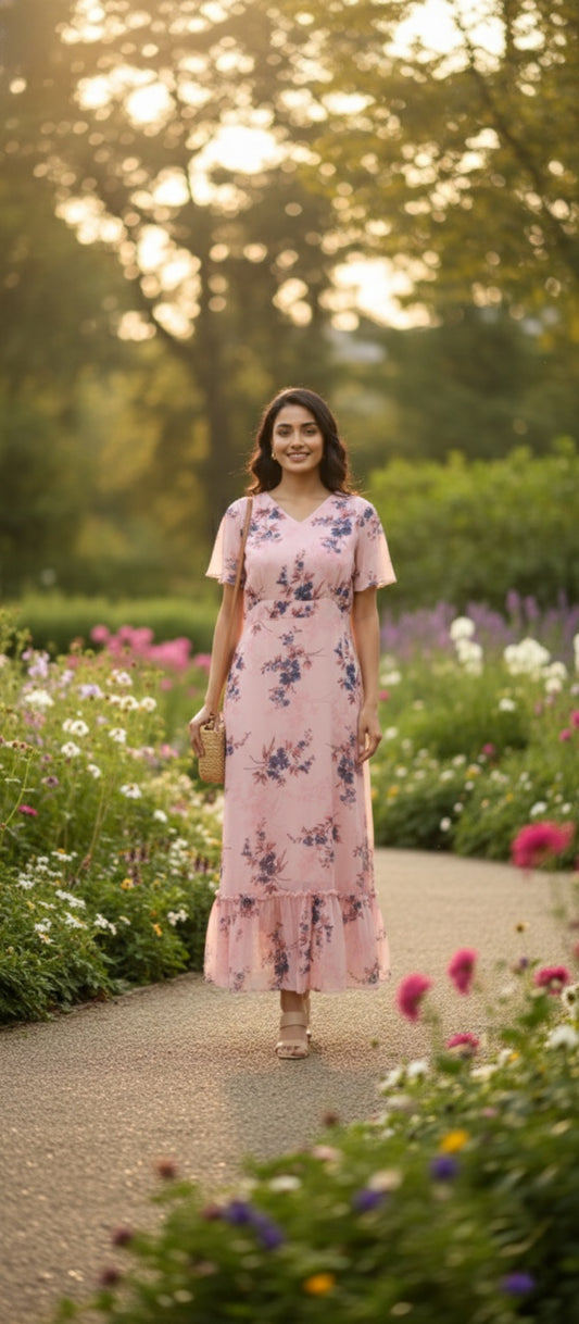Blush Pink Floral Printed V‑Neck Midi Dress with Ruffle Hem & Sheer Sleeves