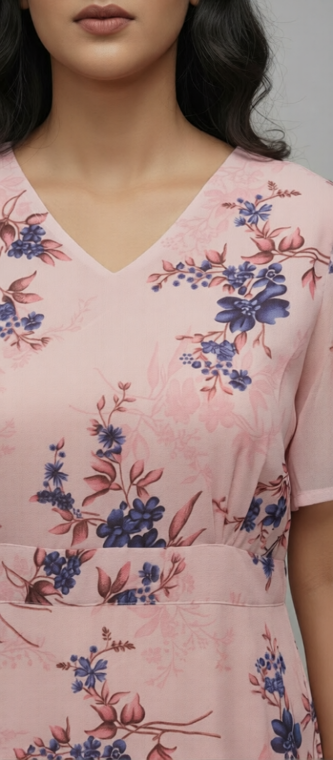 Blush Pink Floral Printed V‑Neck Midi Dress with Ruffle Hem & Sheer Sleeves