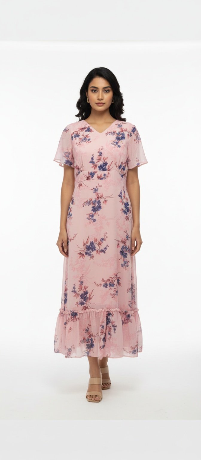 Blush Pink Floral Printed V‑Neck Midi Dress with Ruffle Hem & Sheer Sleeves