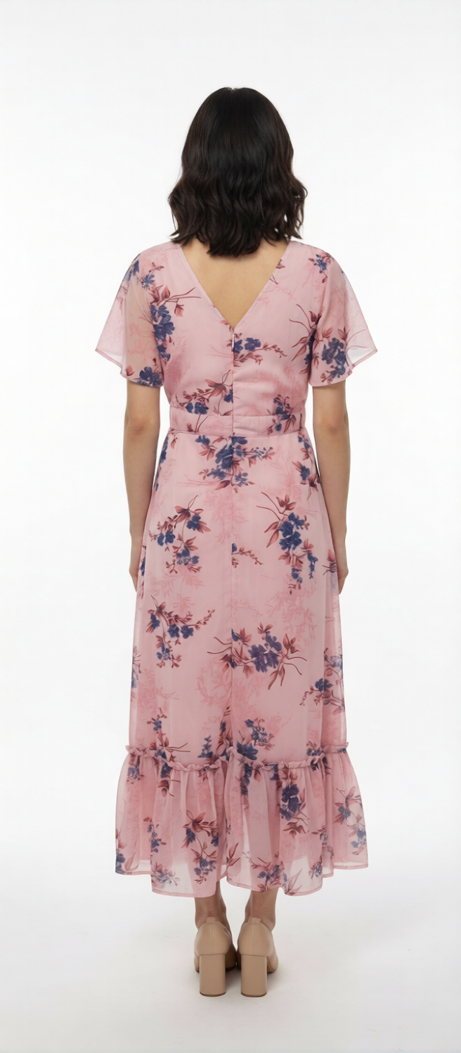 Blush Pink Floral Printed V‑Neck Midi Dress with Ruffle Hem & Sheer Sleeves