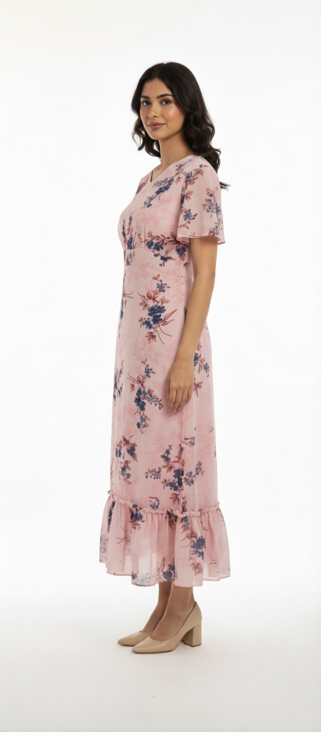 Blush Pink Floral Printed V‑Neck Midi Dress with Ruffle Hem & Sheer Sleeves