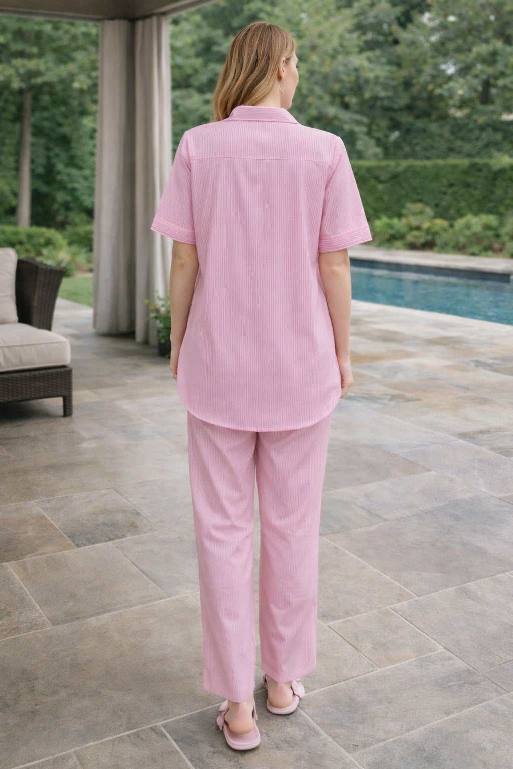 Women Pink Striped Cotton Night Suit Set