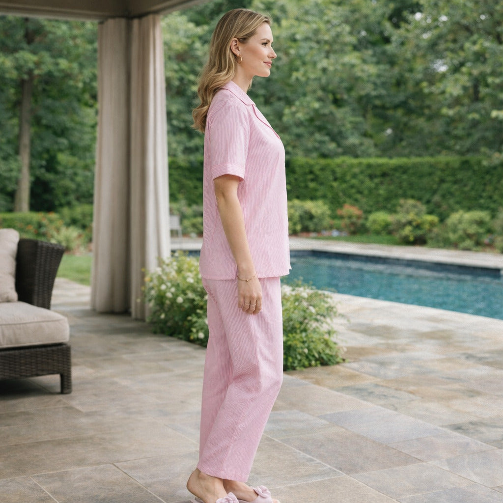 Women Pink Striped Cotton Night Suit Set