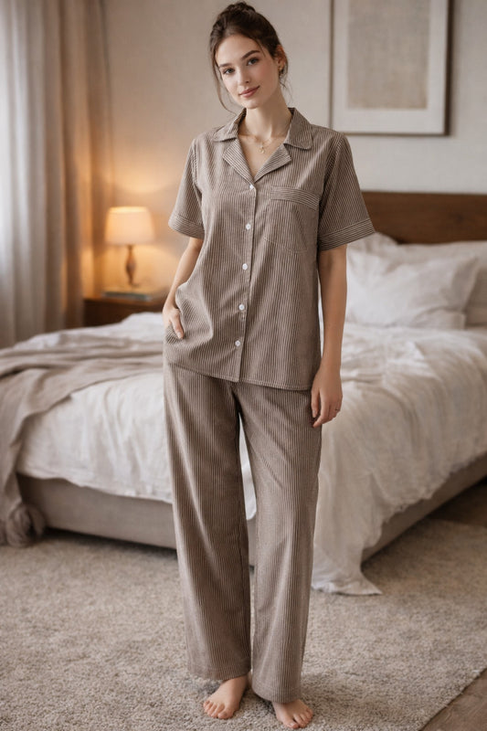 Women Brown Striped Cotton Night Suit Set