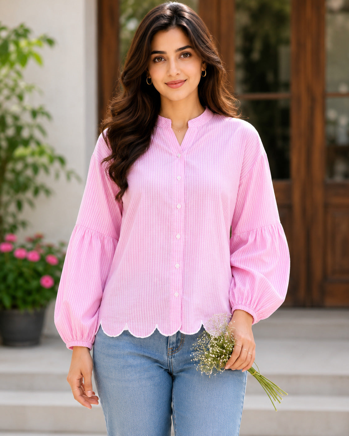 Women Pink Striped Mandarin Collar Puff Sleeve Casual Shirt