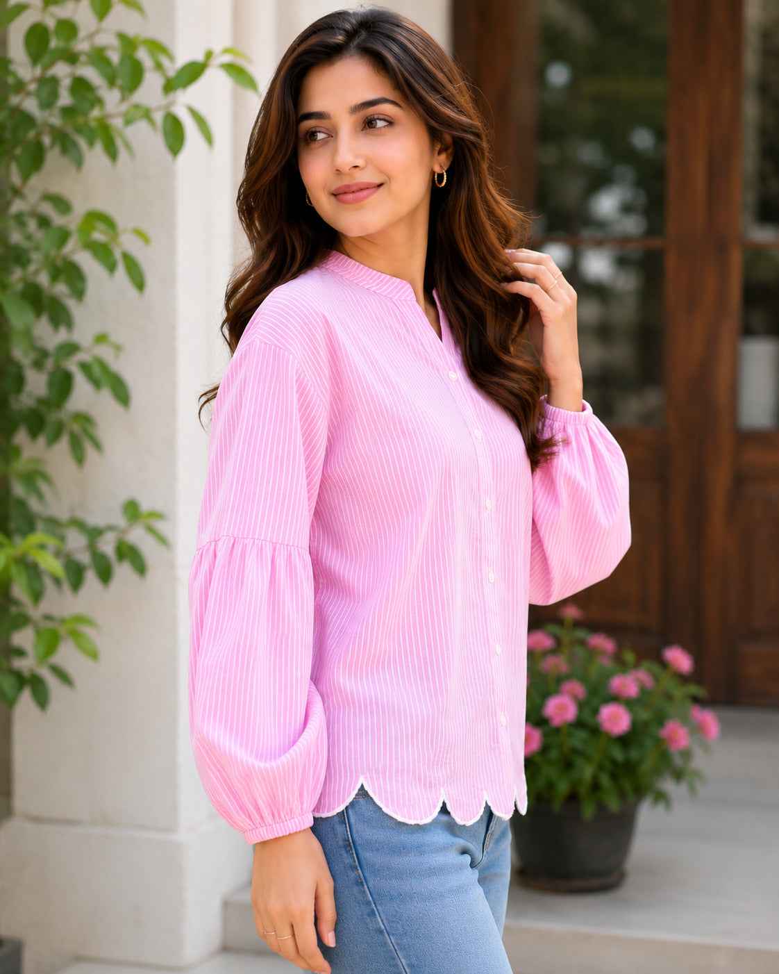 Women Pink Striped Mandarin Collar Puff Sleeve Casual Shirt