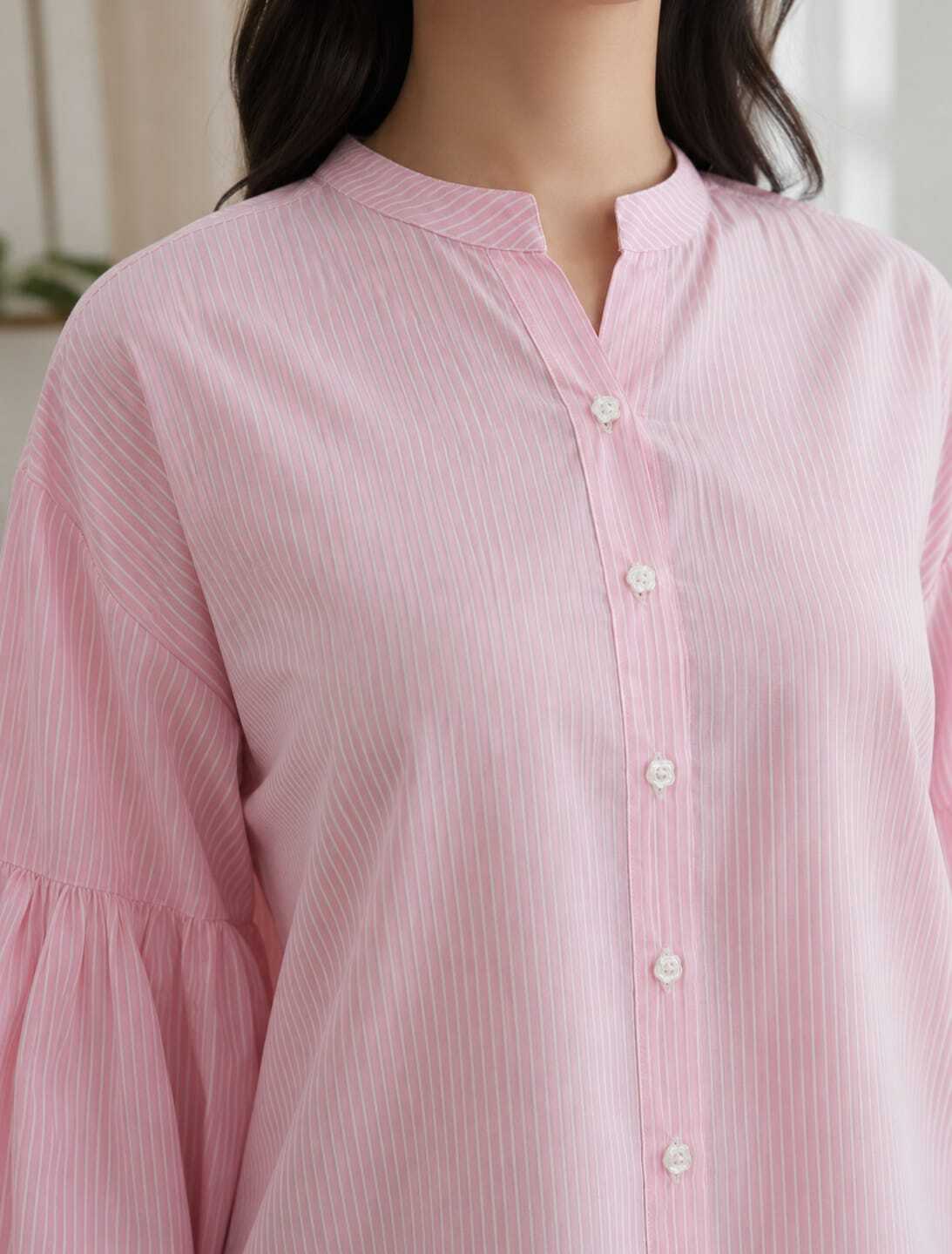 Women Pink Striped Mandarin Collar Puff Sleeve Casual Shirt
