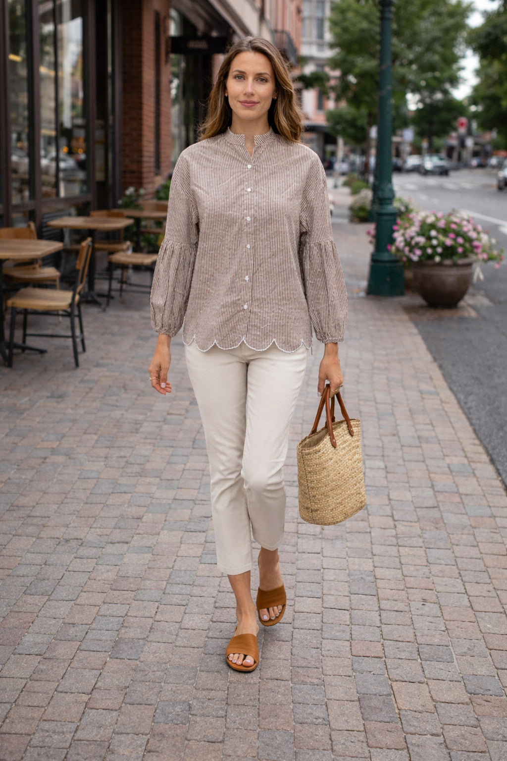 Women Brown Striped Mandarin Collar Puff Sleeve Casual Shirt