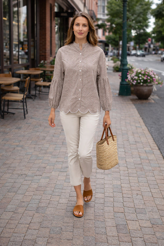 Women Brown Striped Mandarin Collar Puff Sleeve Casual Shirt