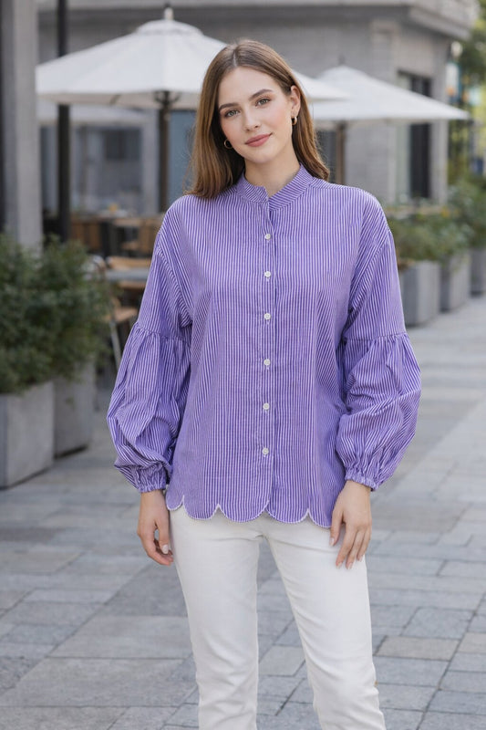 Women Purple Striped Mandarin Collar Puff Sleeve Casual Shirt
