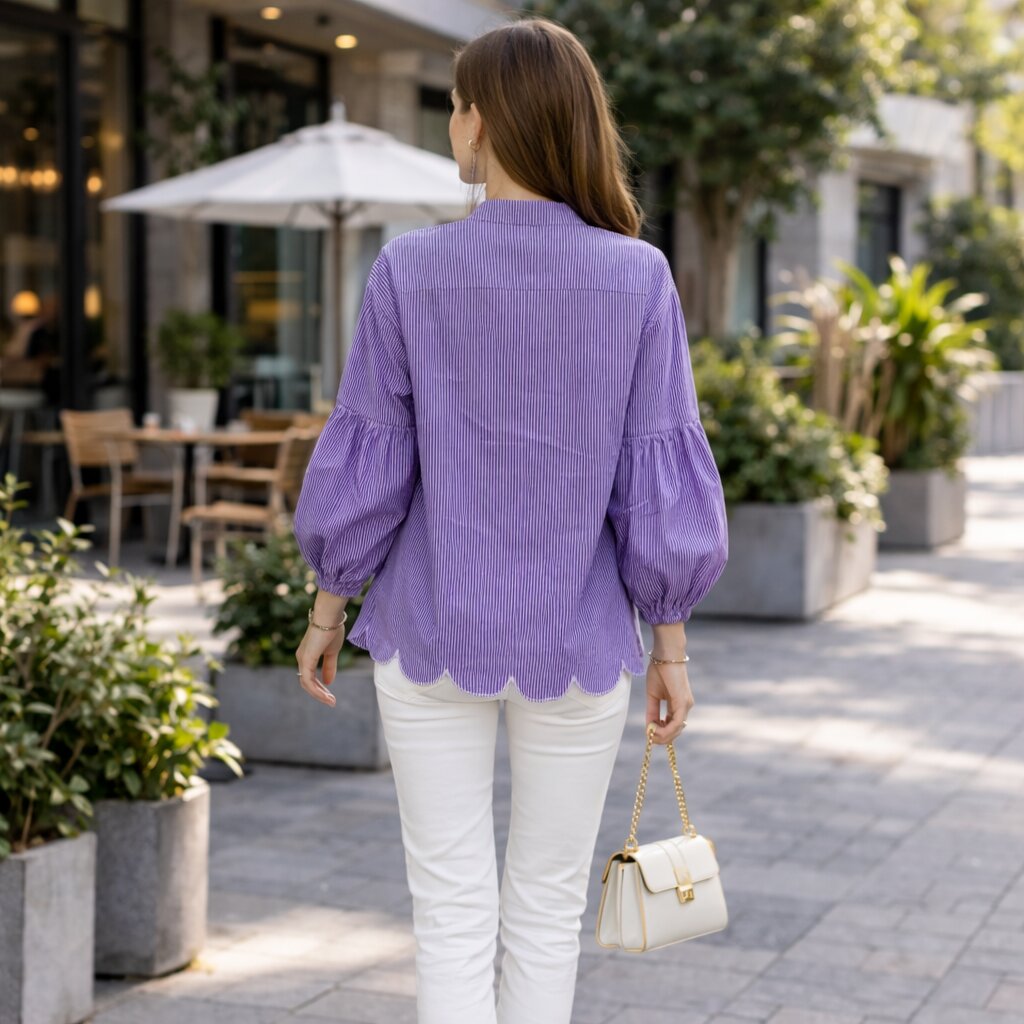 Women Purple Striped Mandarin Collar Puff Sleeve Casual Shirt