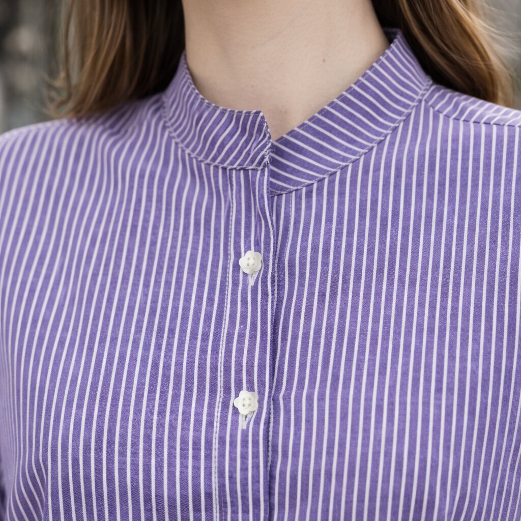 Women Purple Striped Mandarin Collar Puff Sleeve Casual Shirt