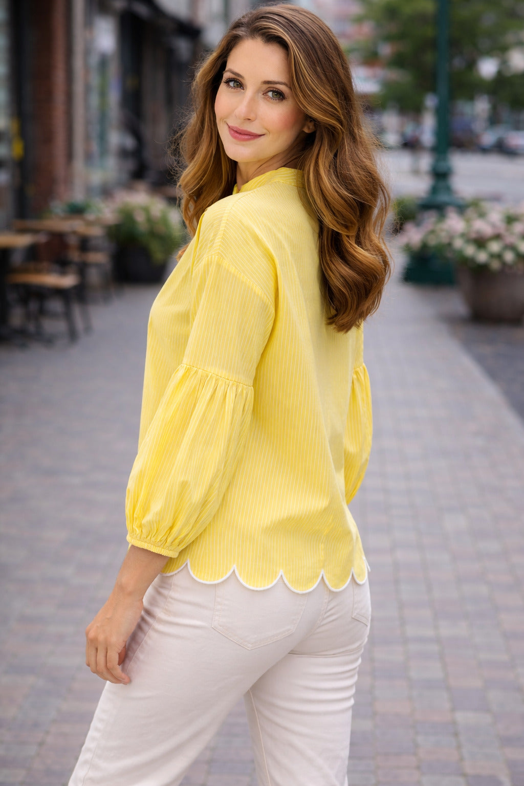 Women Yellow Striped Mandarin Collar Puff Sleeve Casual Shirt